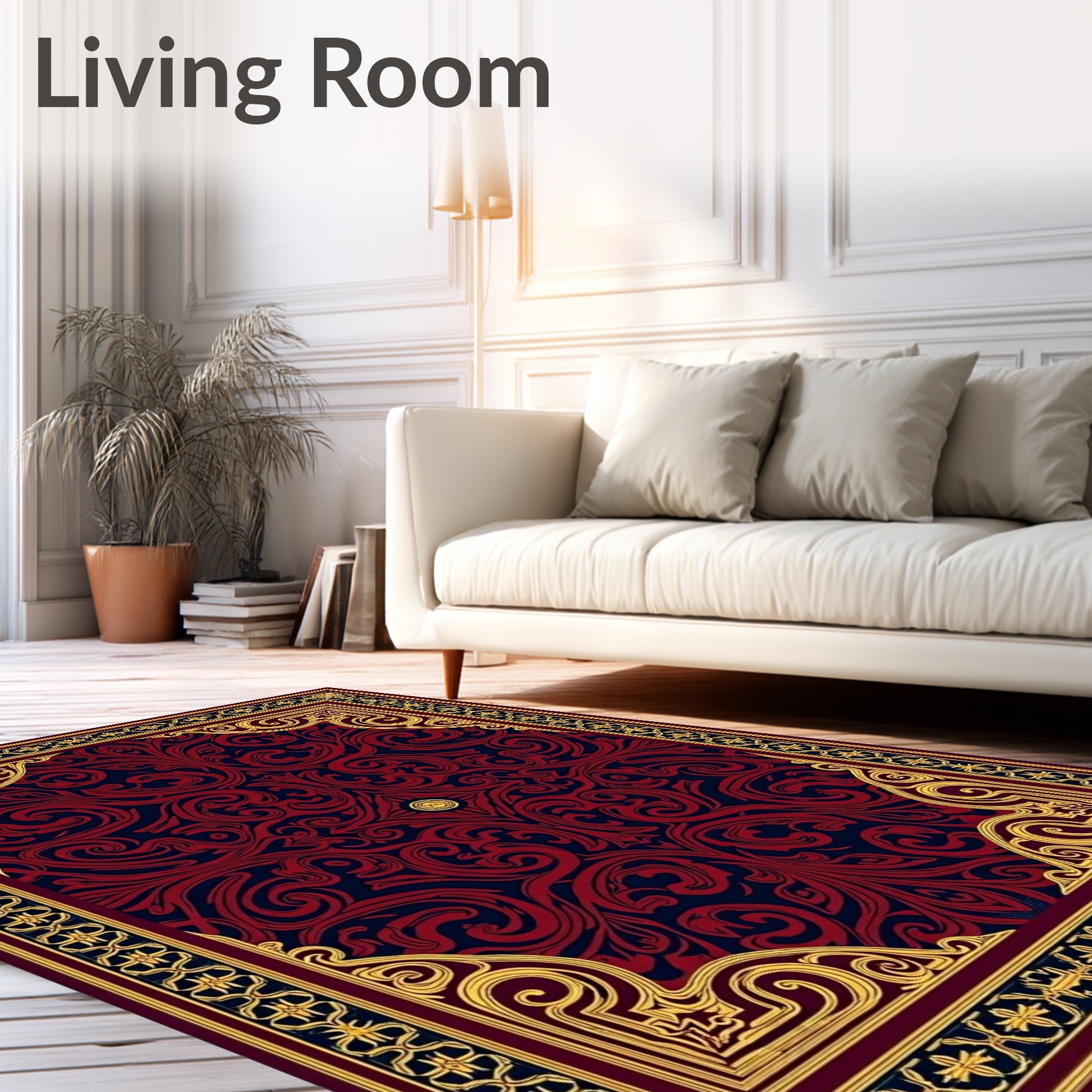 Red and Navy Damask Scroll Medallion Rug