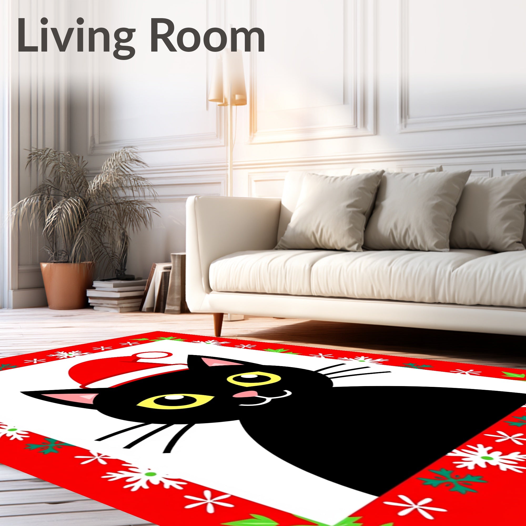 Black Cat Festive Snowflake Christmas Border Rug