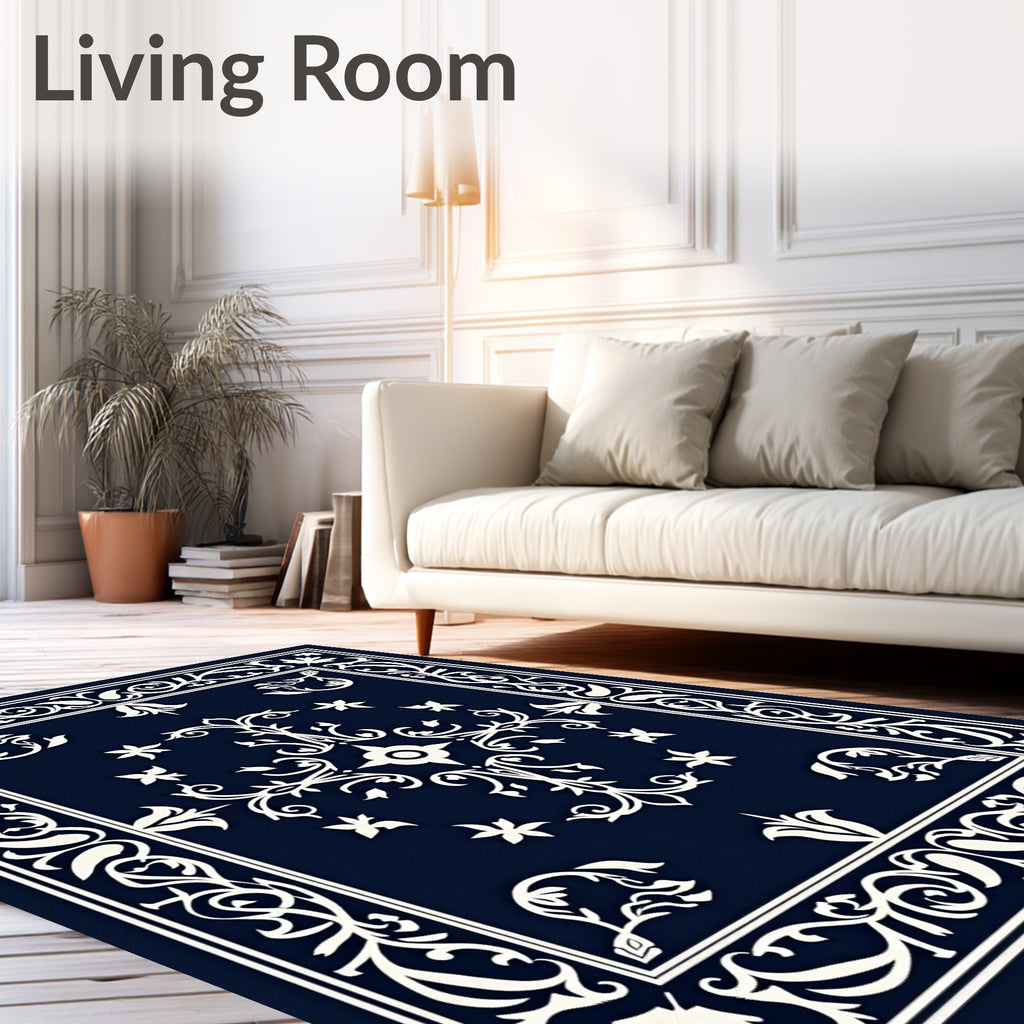 Navy White Scrolling Floral Medallion Rug