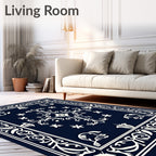 Navy White Scrolling Floral Medallion Rug