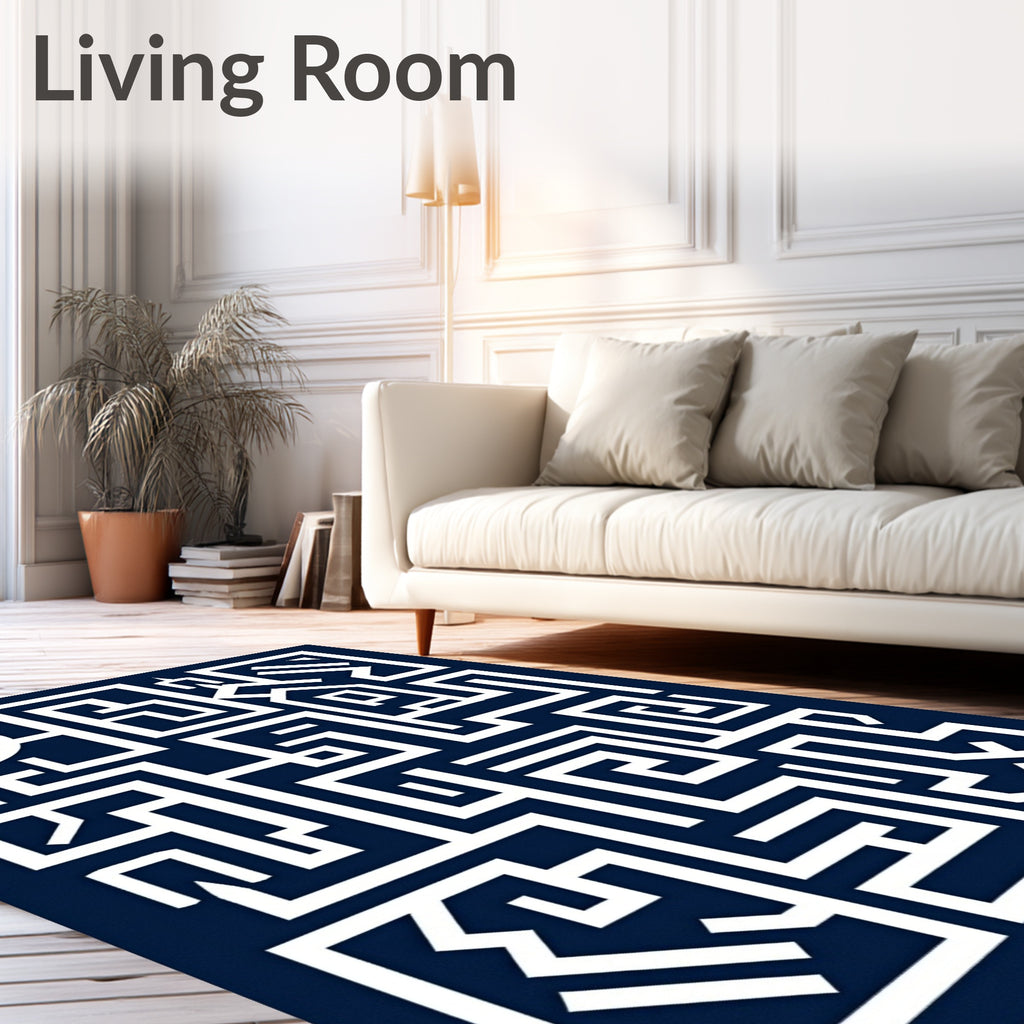 Modern Navy White Geometric Maze Rug