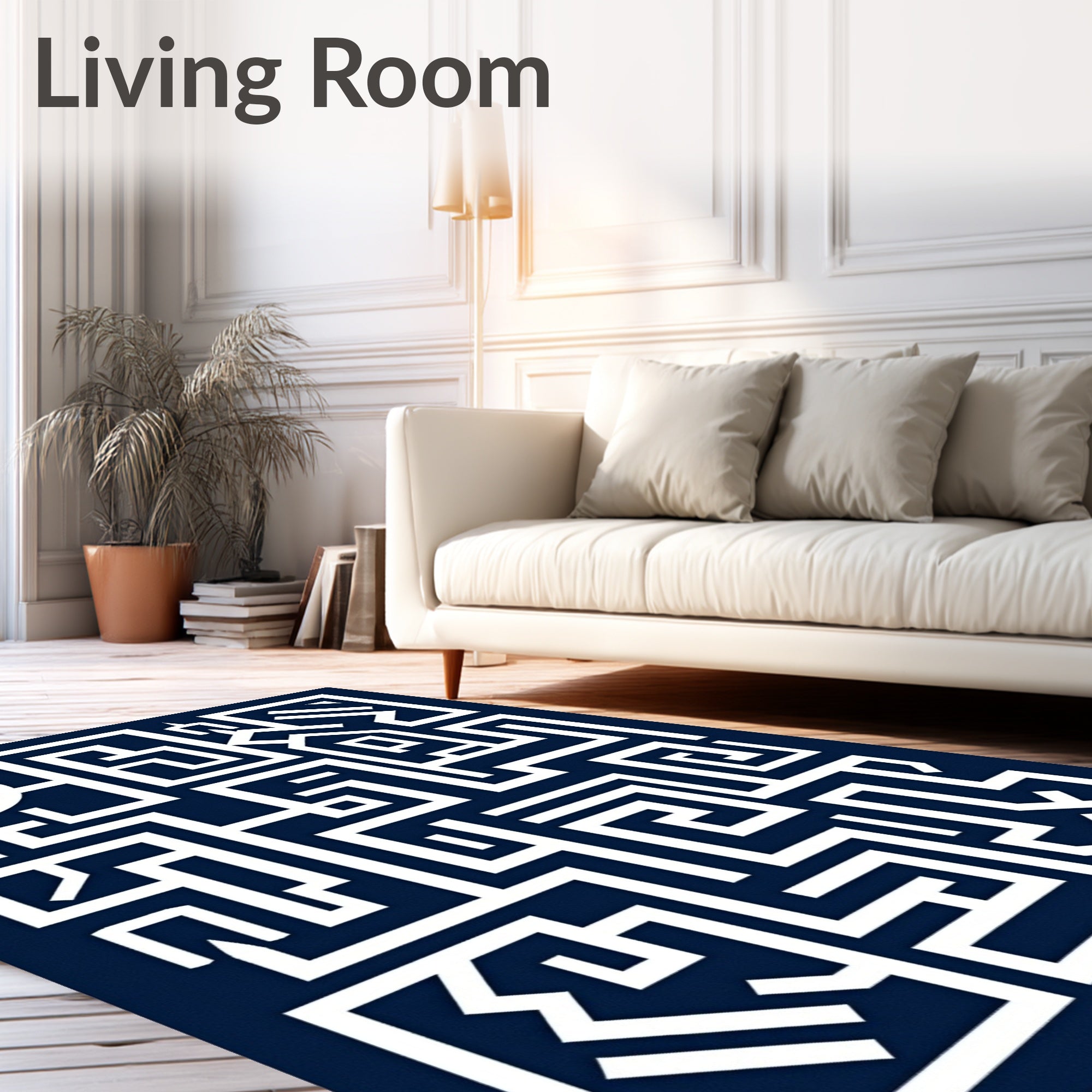 Modern Navy White Geometric Maze Rug