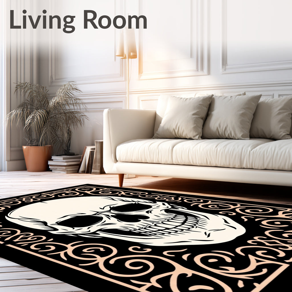 Cream Skull with Black Ornate Border Rug