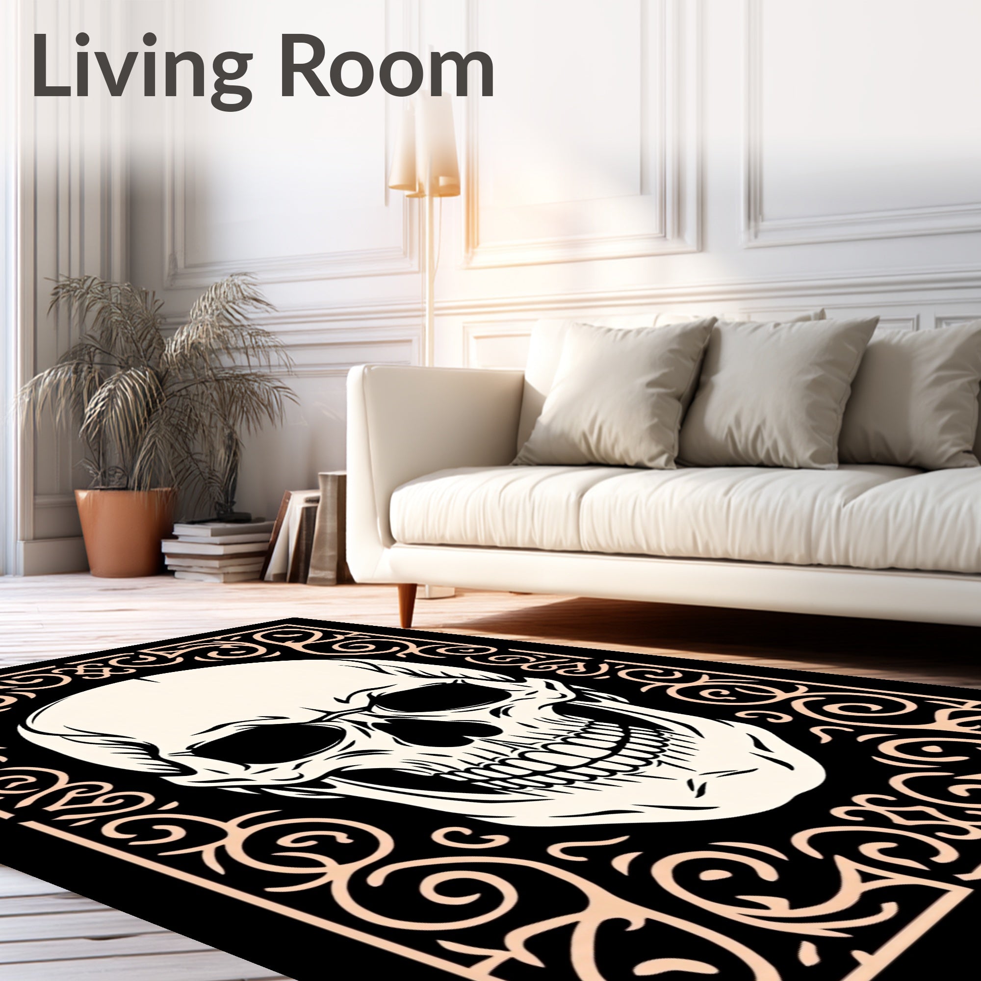 Cream Skull with Black Ornate Border Rug