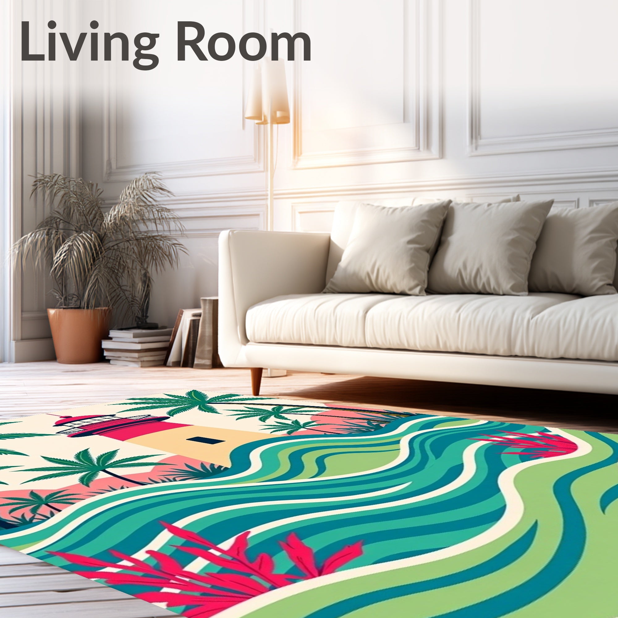Tropical Lighthouse Teal Green Waves Rug