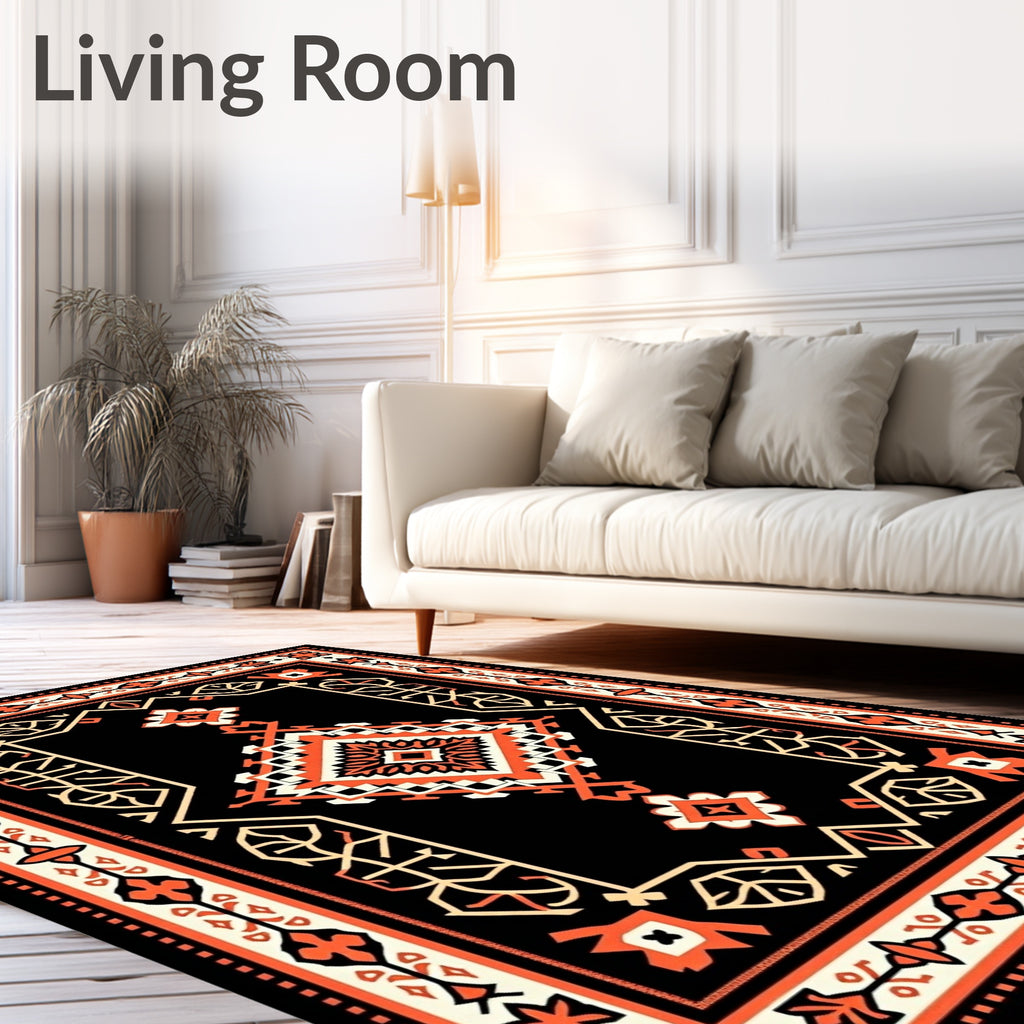 Bold Orange Black Geometric Medallion Art Rug