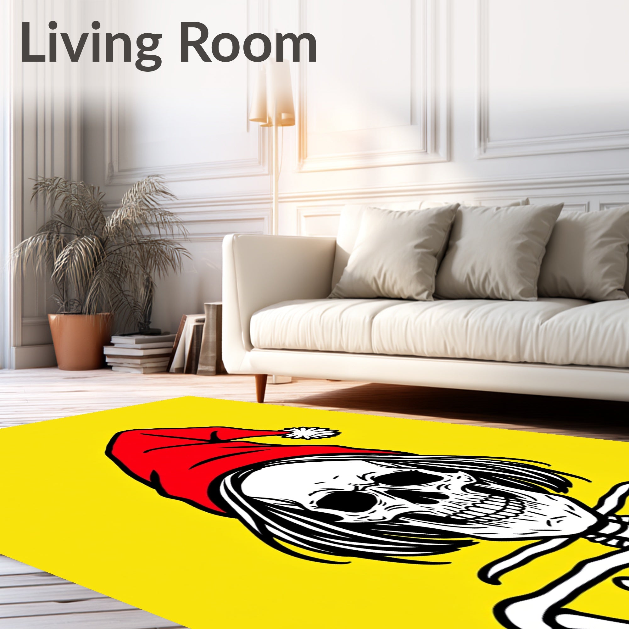 Whimsical Red Hat Skull Yellow Graphic Rug