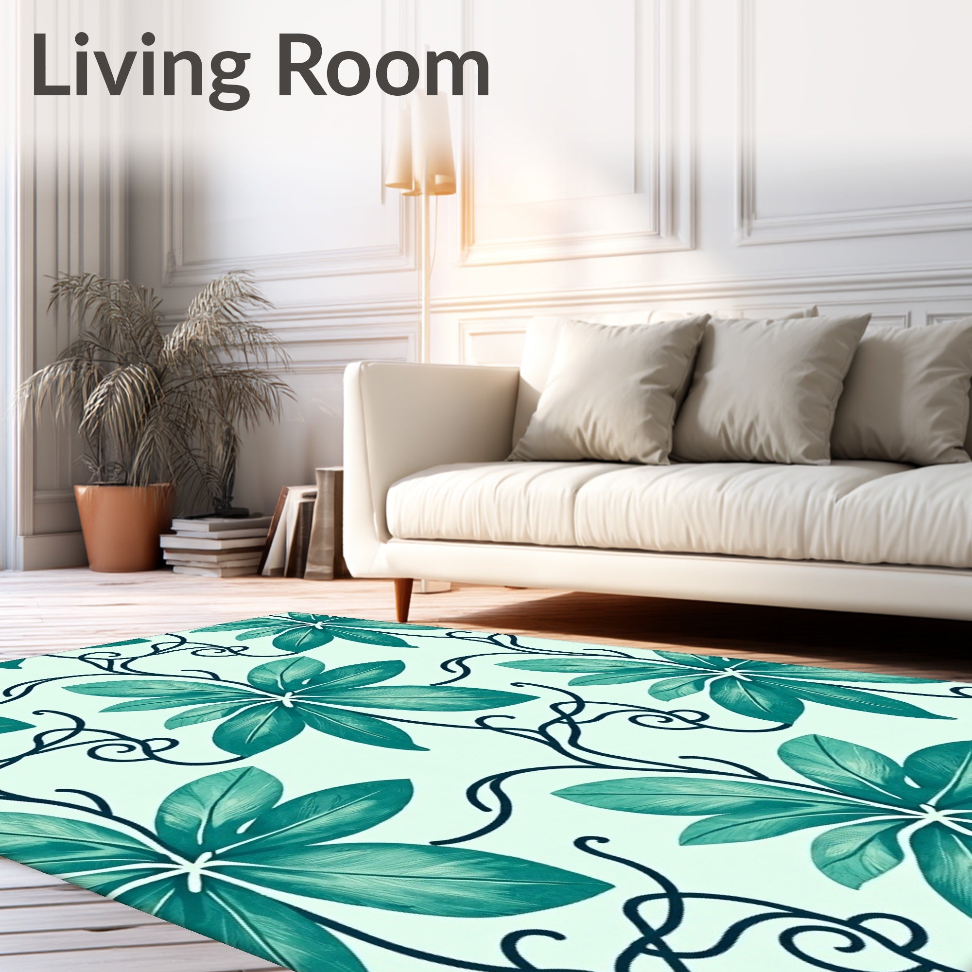Teal Tropical Leaf Vine Art Rug