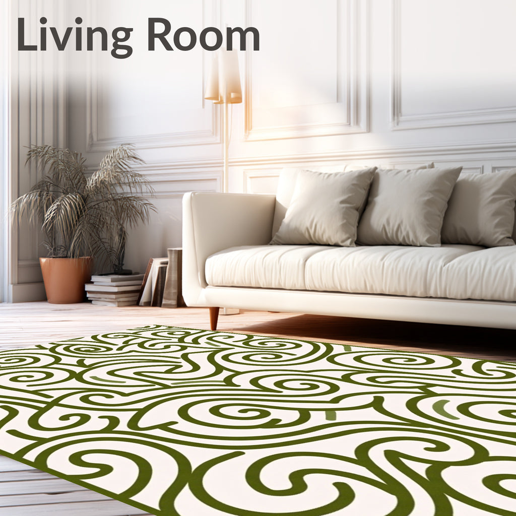 Green Swirl Abstraction Line Art Rug