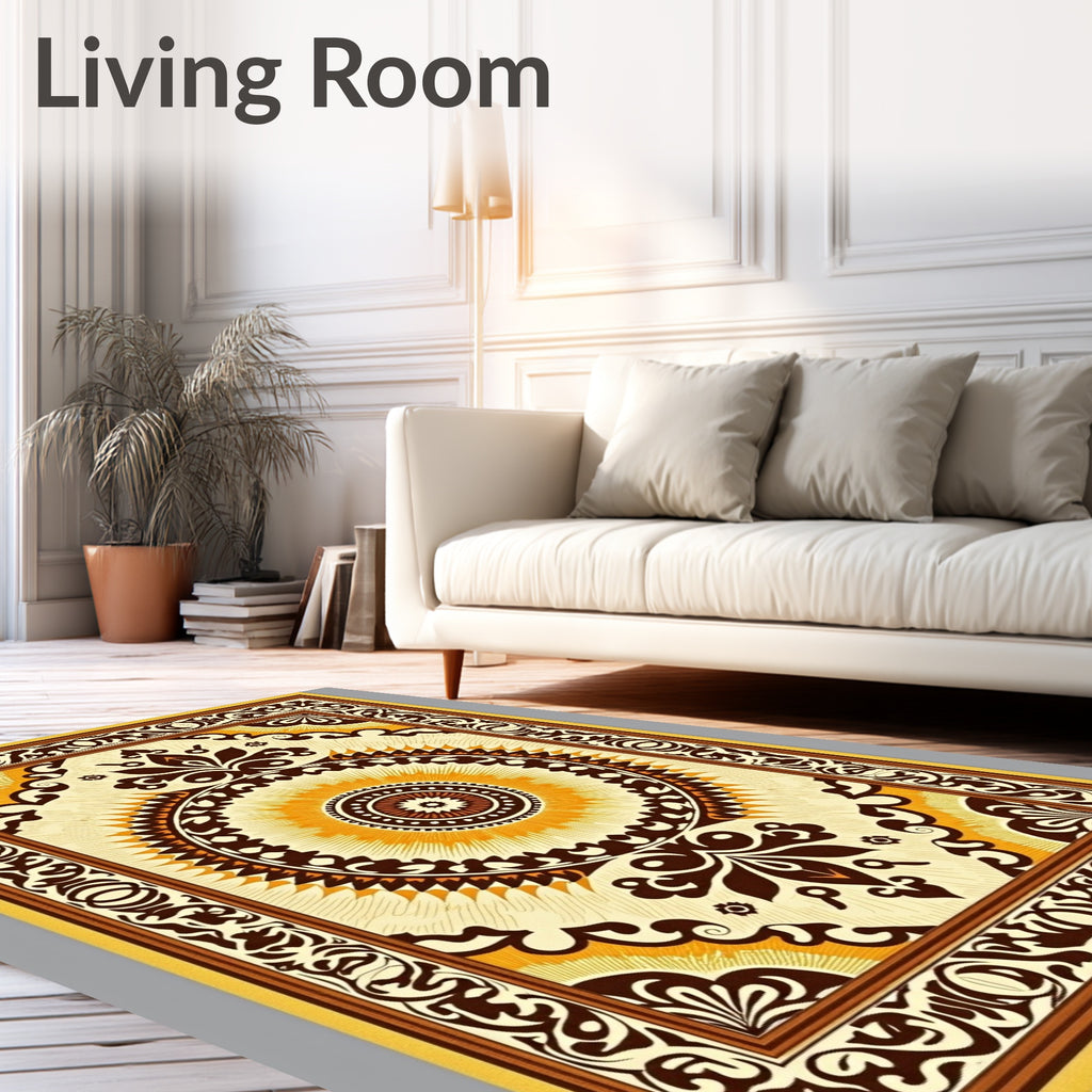 Retro Brown Sunburst Medallion Border Rug