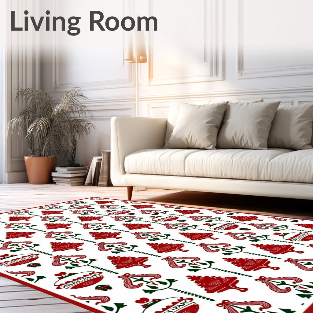Festive Red Green Christmas Ornament Trees Rug