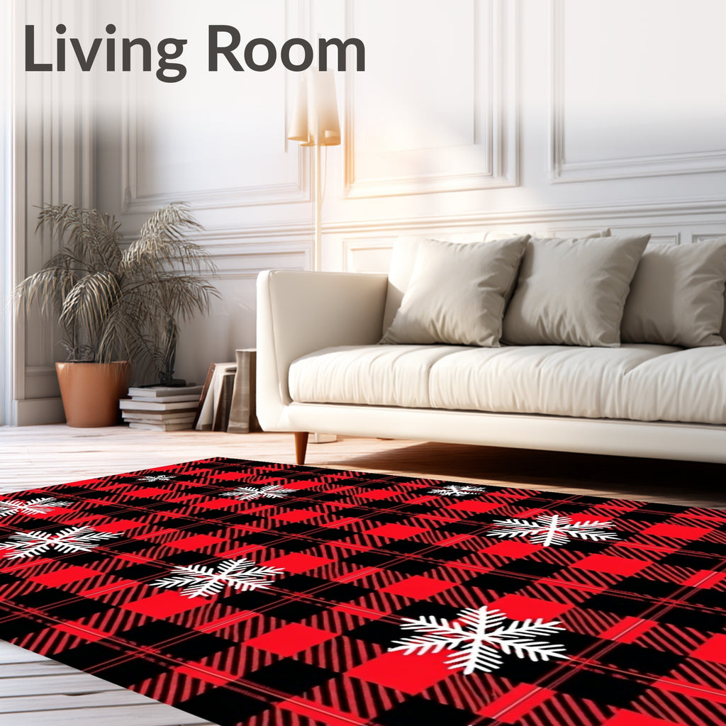 Red Black Buffalo Plaid Snowflakes Rug