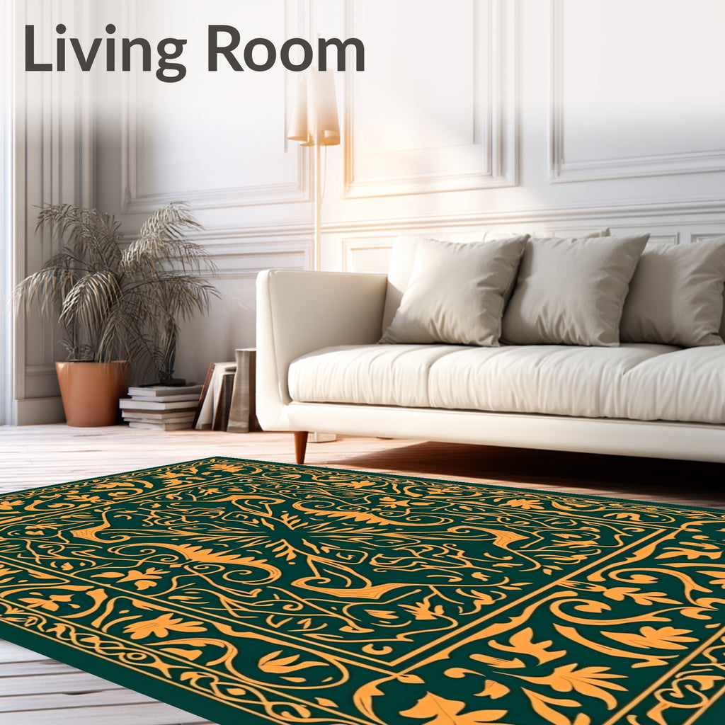 Rich Teal Golden Floral Symmetry Rug
