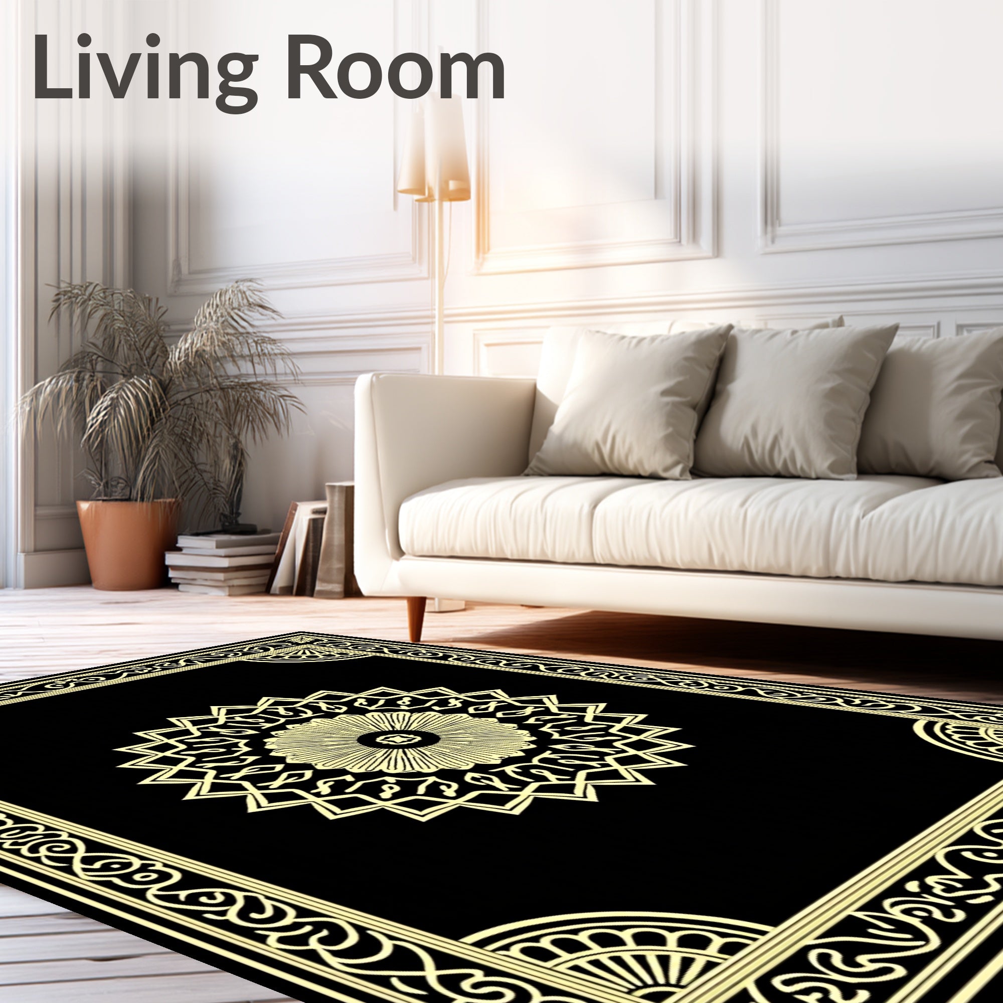 Golden Black Intricate Mandala Frame Rug