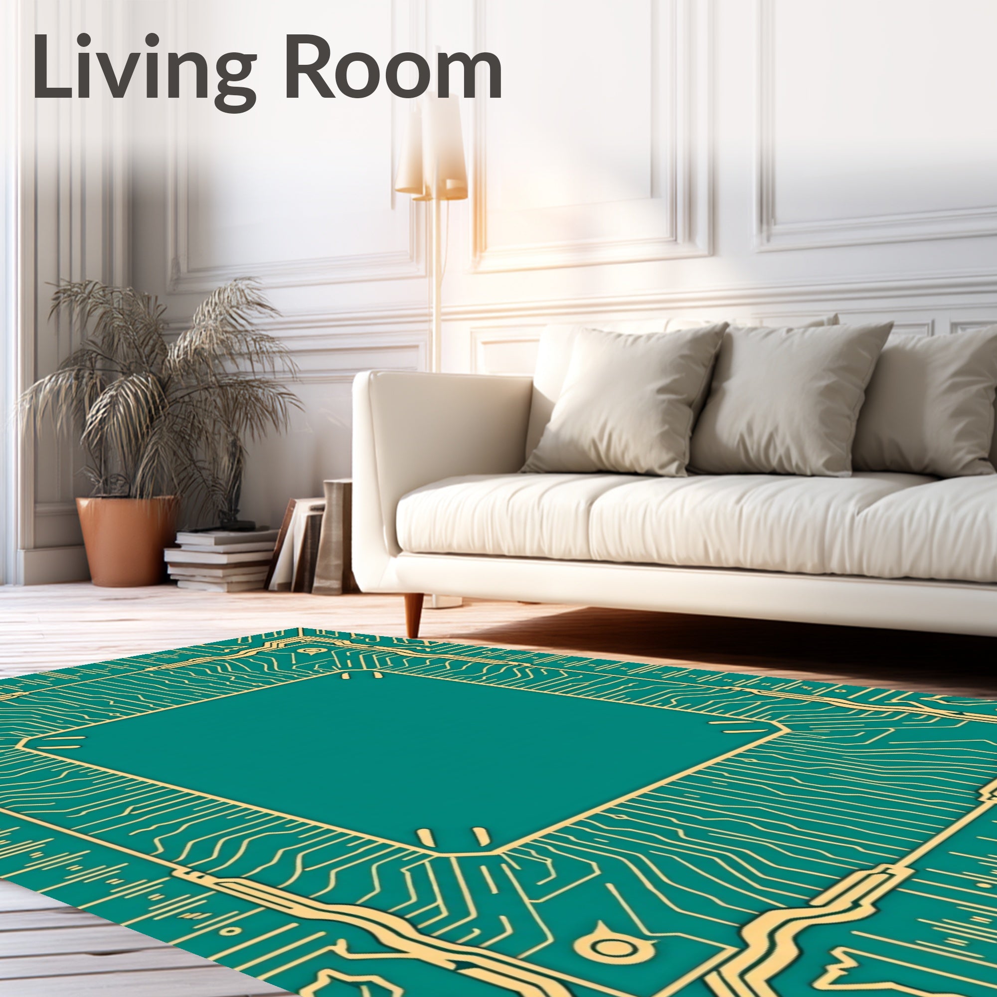 Teal Circuit Board Geometric Border Rug
