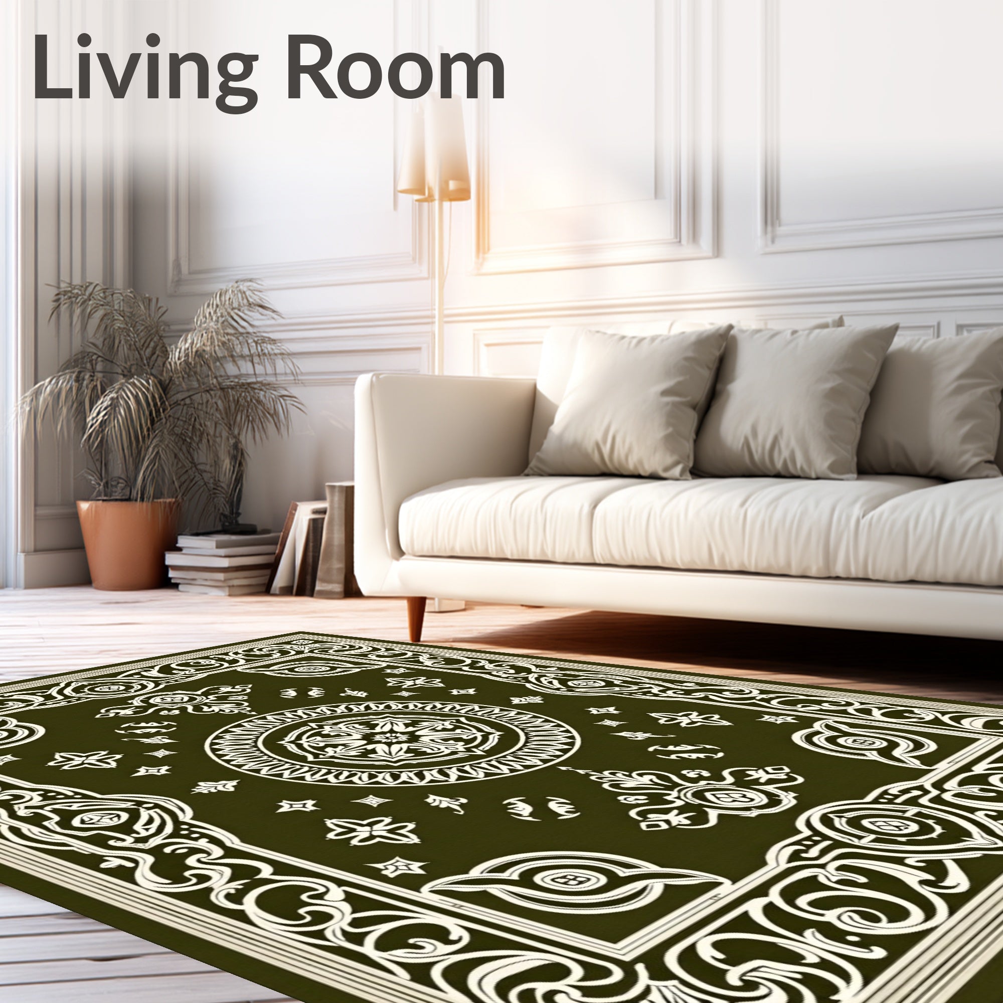 Olive Ivory Ornate Medallion Frame Rug