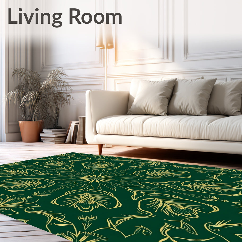 Emerald Green Golden Floral Mandala Rug