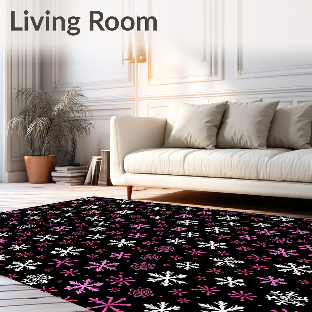 Pink White Snowflake Scatter Black Background Rug