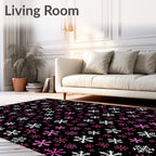 Pink White Snowflake Scatter Black Background Rug