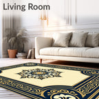 Ornate Navy Gold Floral Medallion Rug