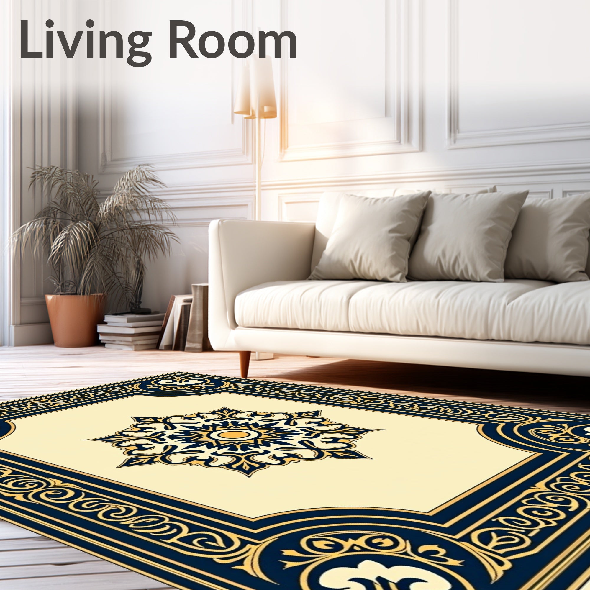 Ornate Navy Gold Floral Medallion Rug