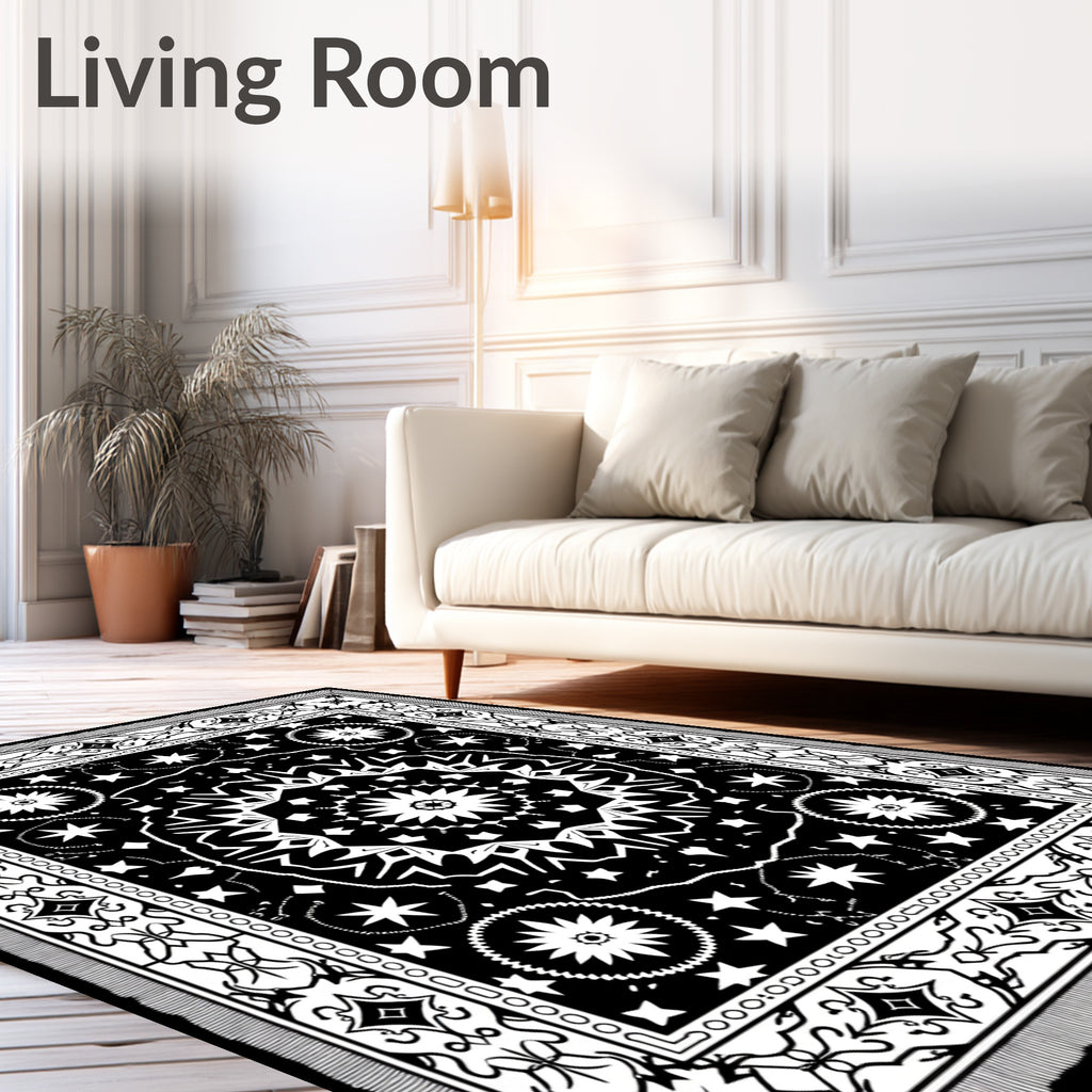 Bold Black Starburst Mandala Border Rug