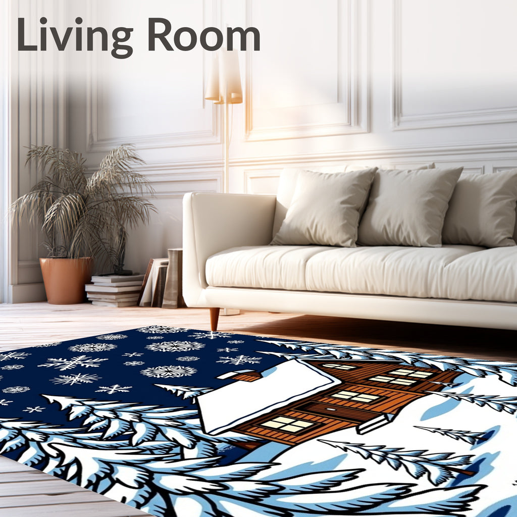 Cozy Winter Cabin Snowflake Scene Rug
