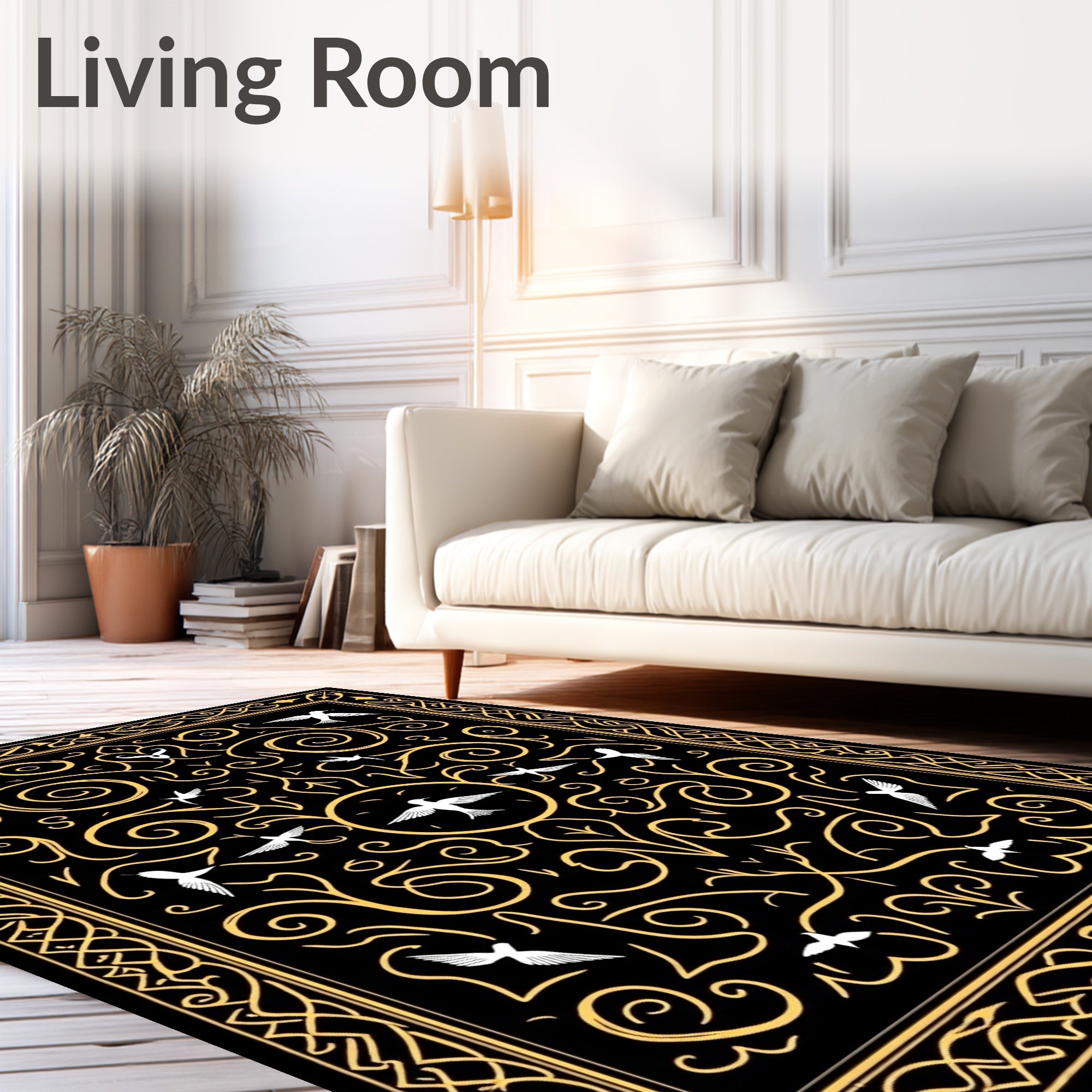 Black Gold Swirling Birds Frame Rug
