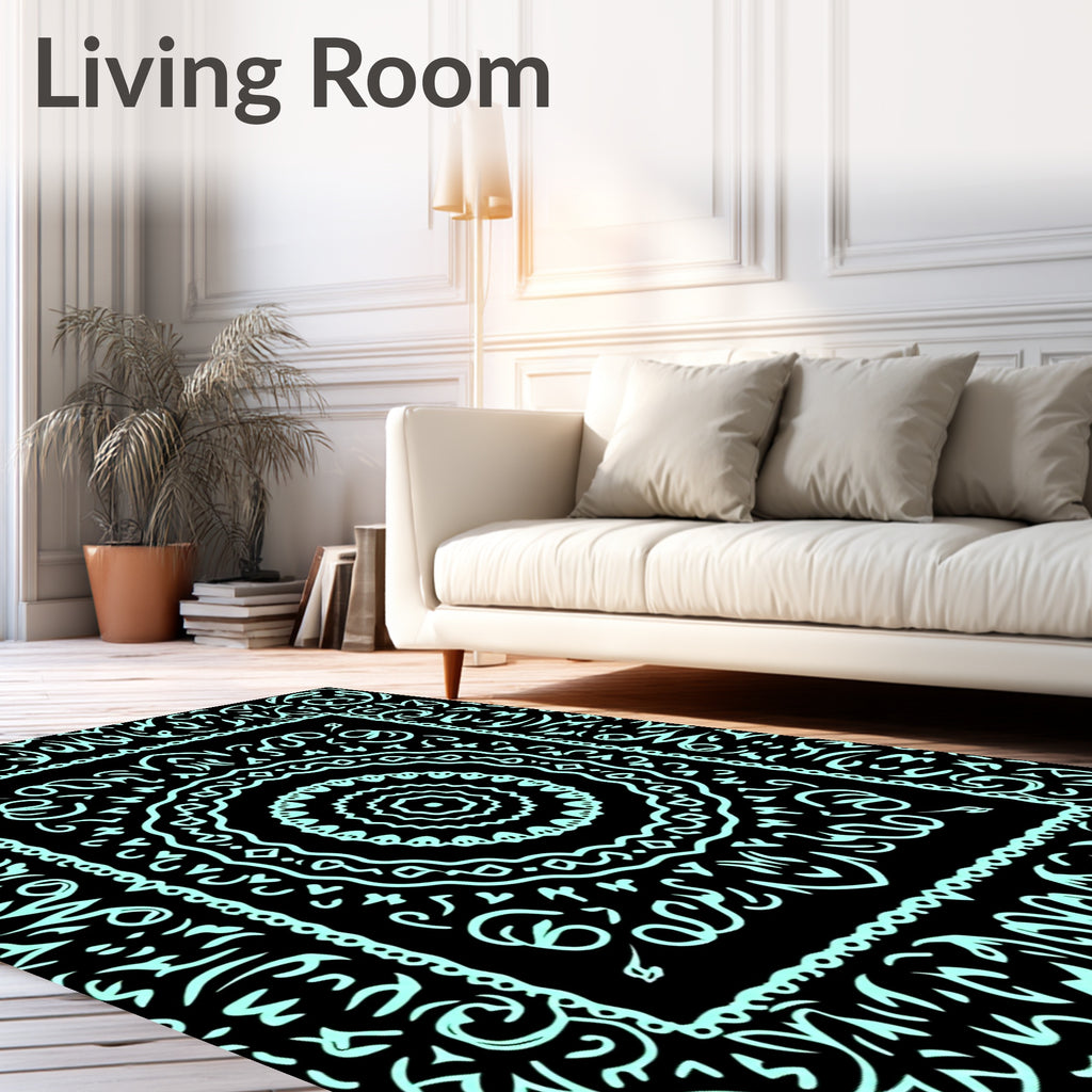 Black Aqua Floral Medallion Border Rug