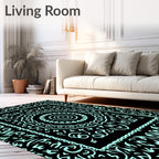 Black Aqua Floral Medallion Border Rug