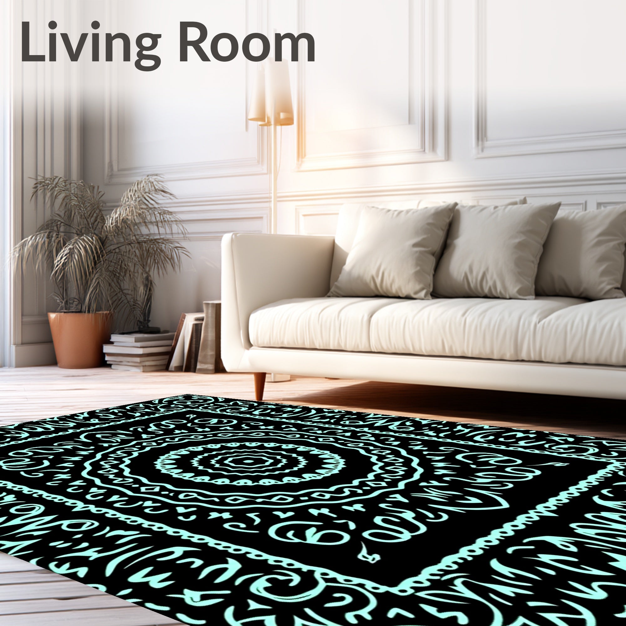 Black Aqua Floral Medallion Border Rug