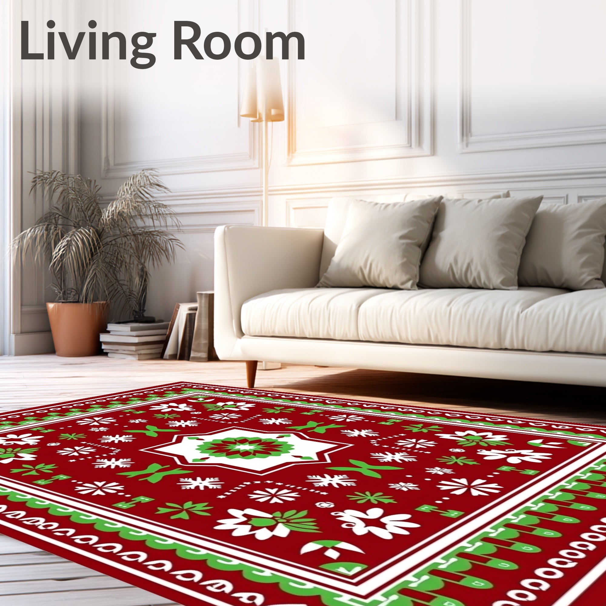 Crimson Green Snowflake Floral Symmetry Rug