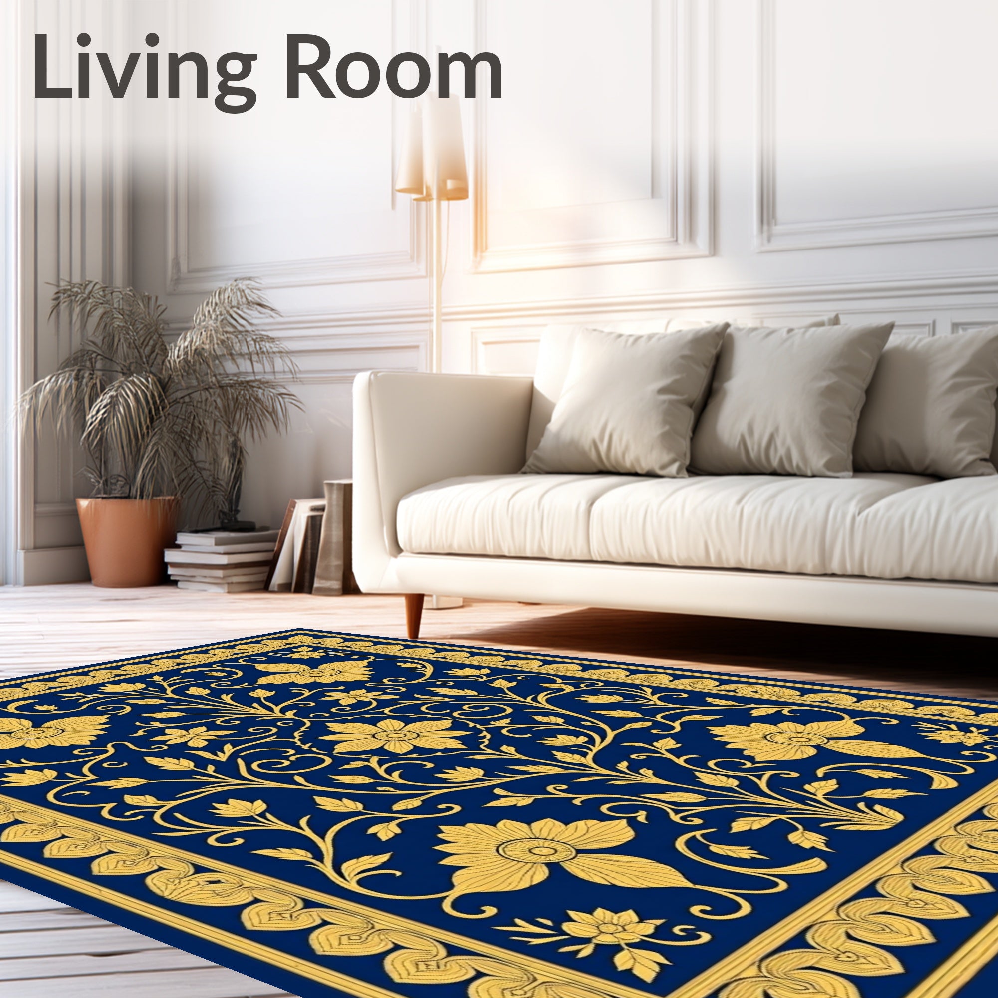 Royal Blue Golden Floral Garland Rug