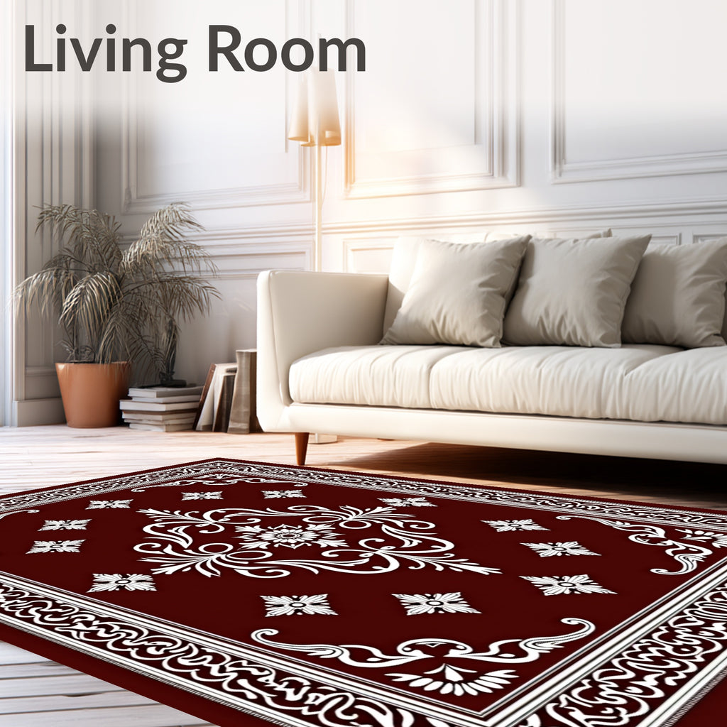 Deep Crimson Floral Medallion Border Rug