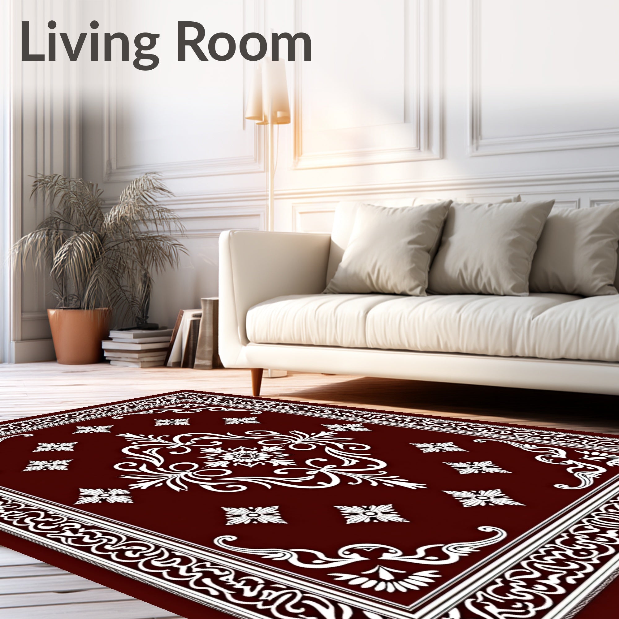 Deep Crimson Floral Medallion Border Rug