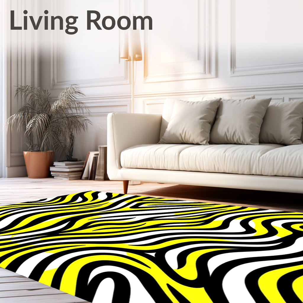 Bold Yellow Black White Stripe Wave Rug