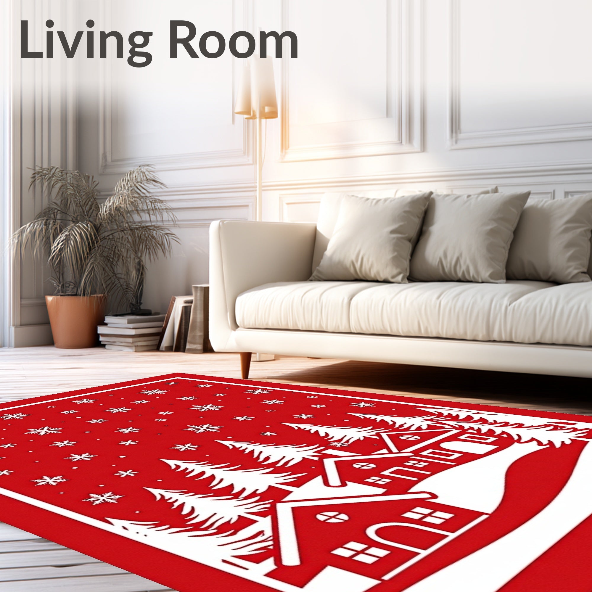 Red Winter Village Snowflake Scene Rug