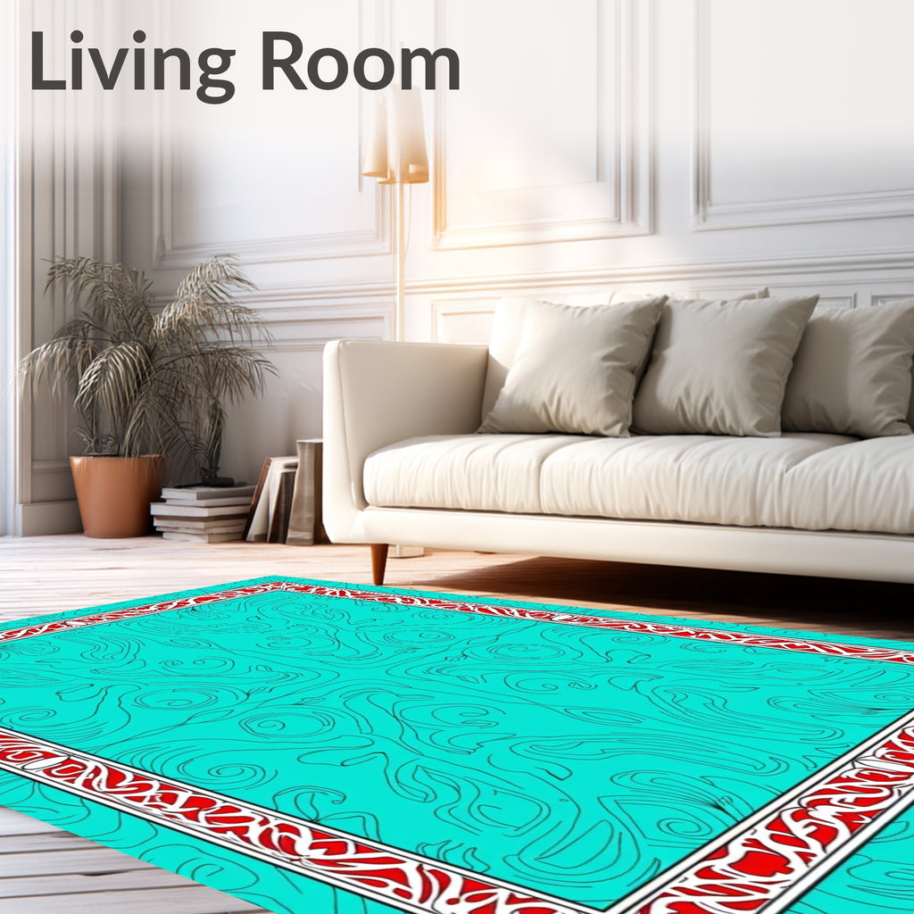 Turquoise Red Floral Border Intricate Rug