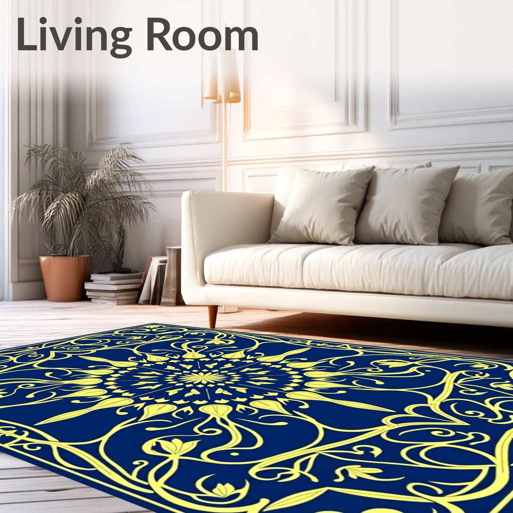 Ornate Yellow Floral Medallion Blue Rug