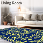 Ornate Yellow Floral Medallion Blue Rug