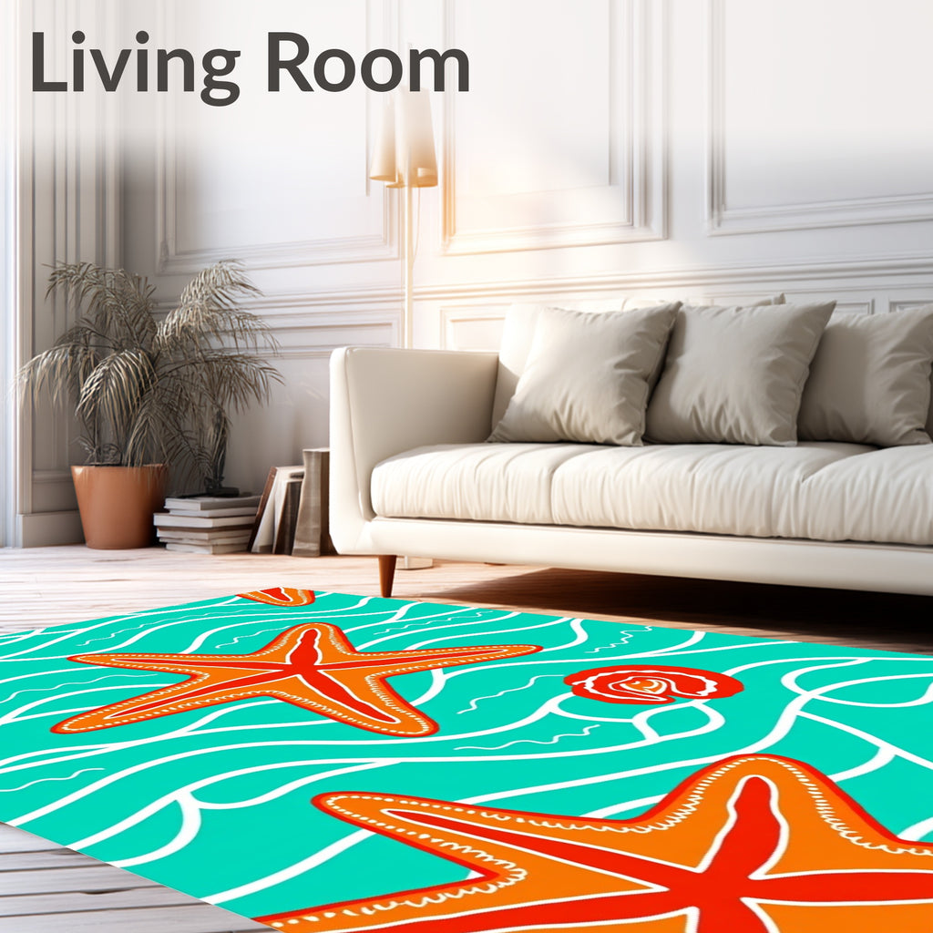 Tropical Orange Starfish Turquoise Waves Rug