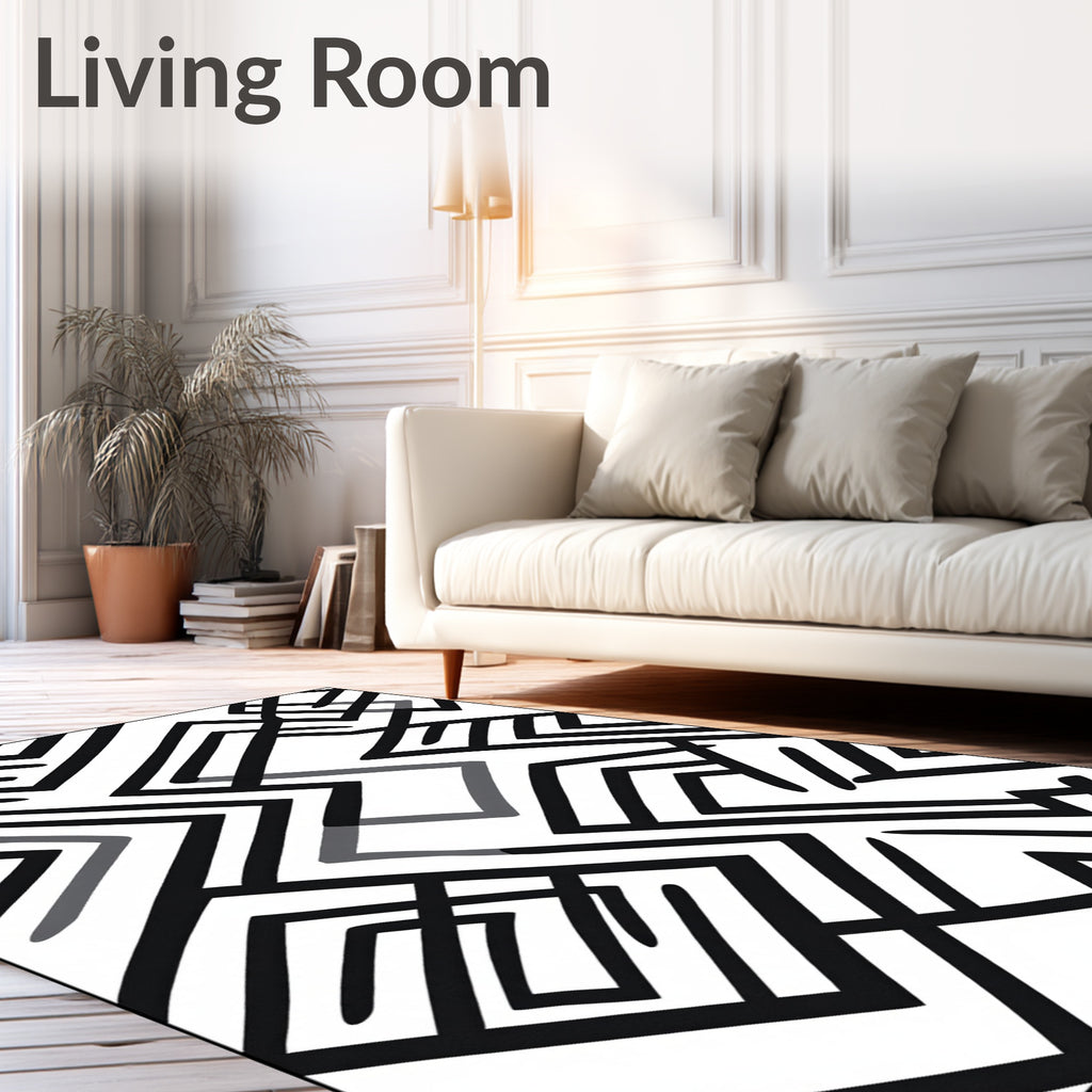 Dynamic Black White Geometric Maze Rug