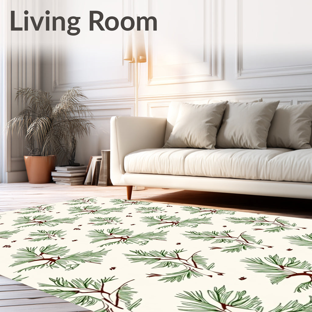 Green Pine Branch Scattered Illustration Rug