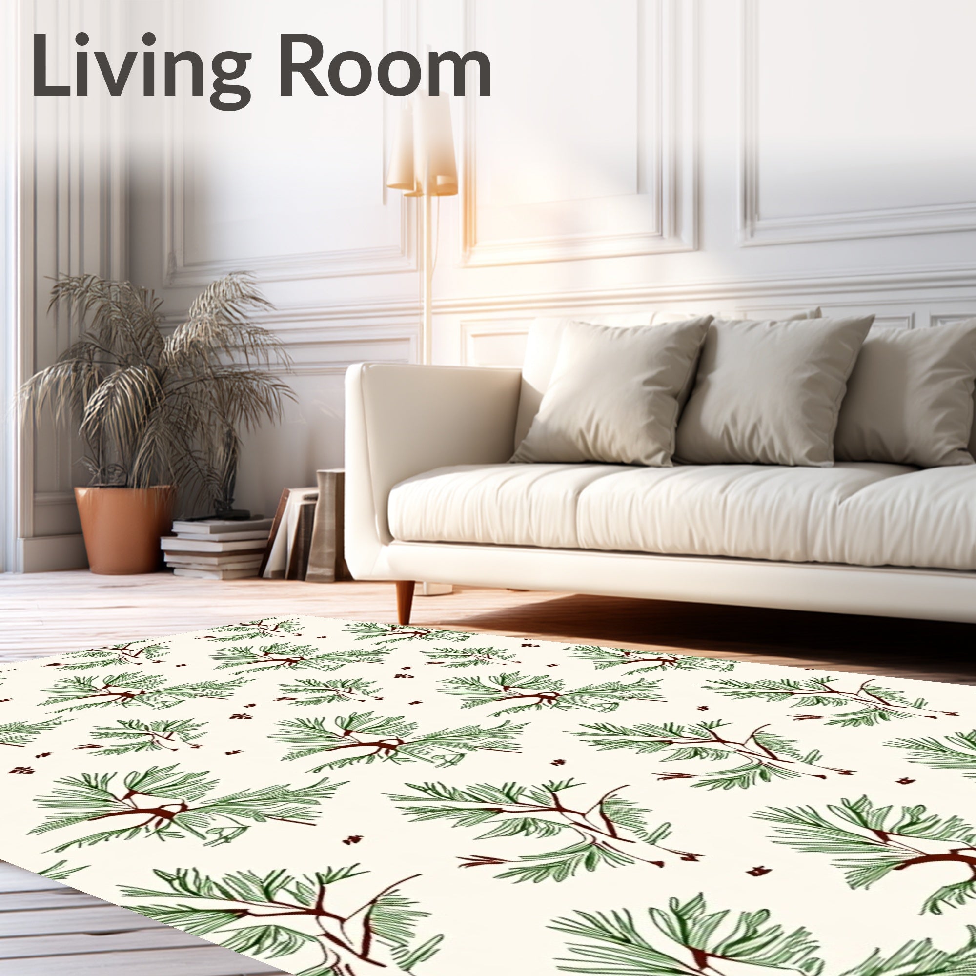 Green Pine Branch Scattered Illustration Rug