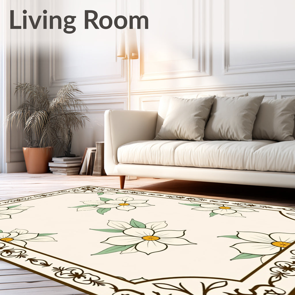 Cream Floral Border with Daffodil Blossoms Rug