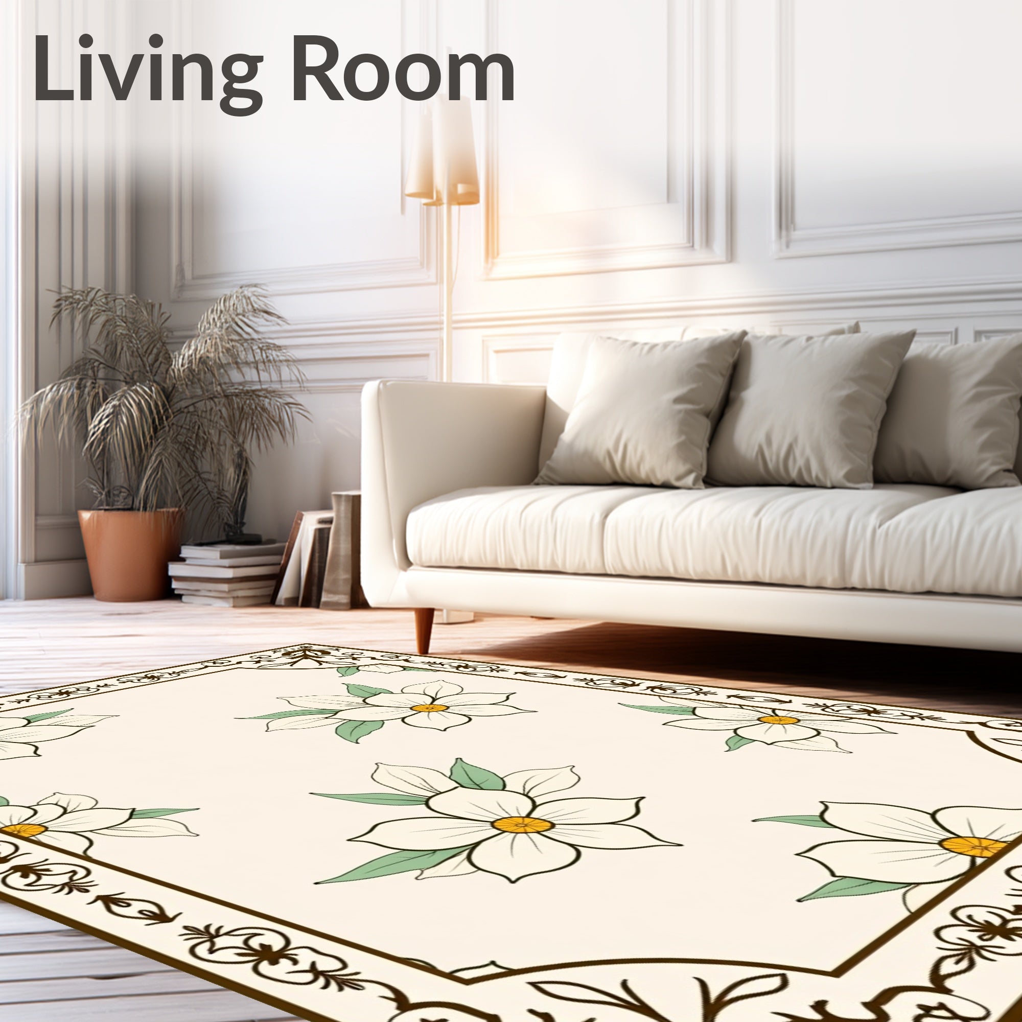 Cream Floral Border with Daffodil Blossoms Rug