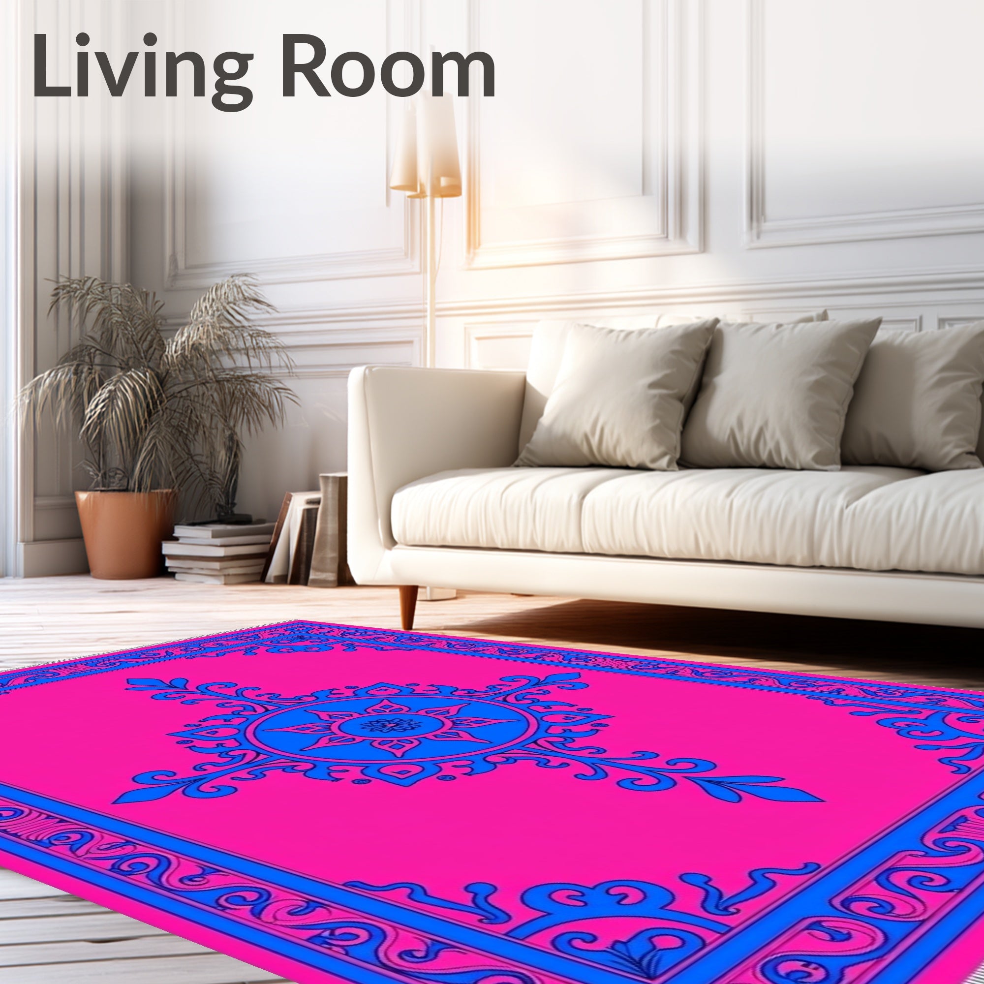 Vibrant Pink Blue Mandala Border Rug