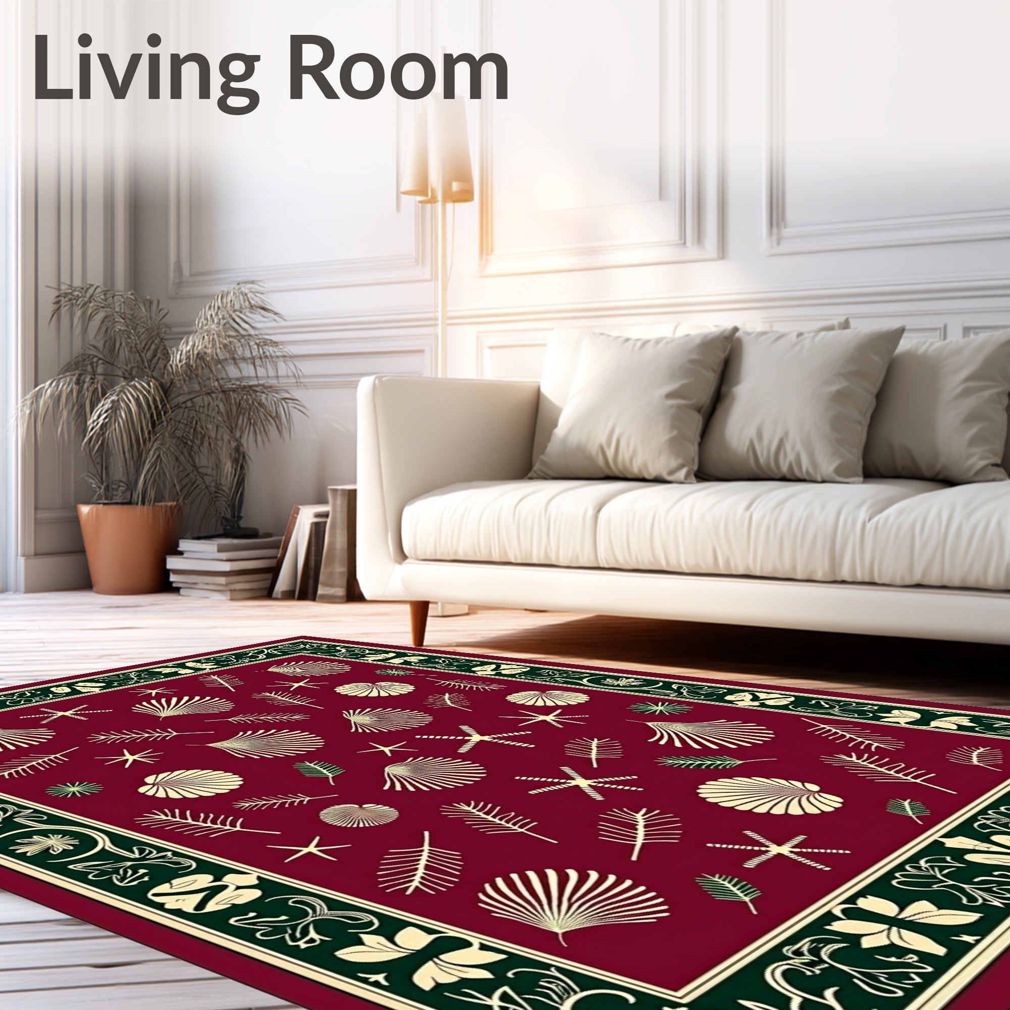 Burgundy Seashell Botanical Border Rug