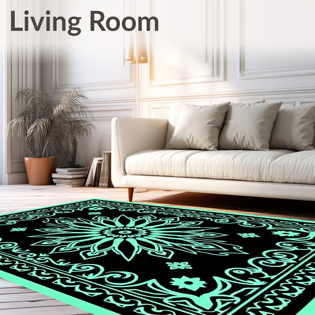 Black Mint Floral Mandala Border Rug