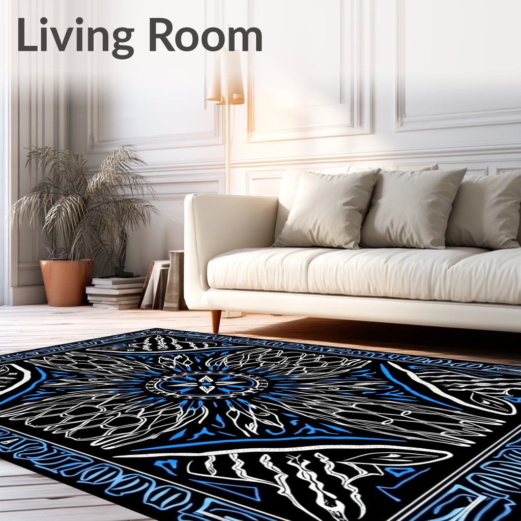 Bold Blue Abstract Sunburst Mandala Rug